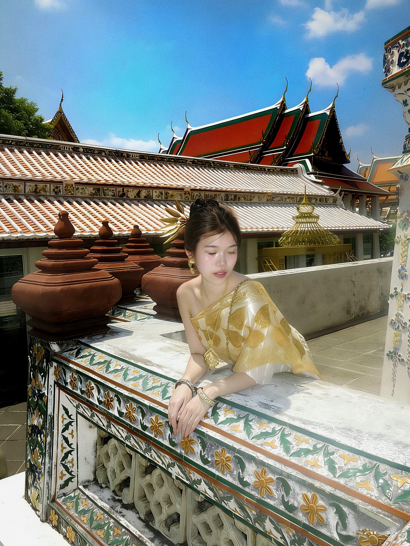 Diana wearing traditional Thai dress at a temple in Bangkok